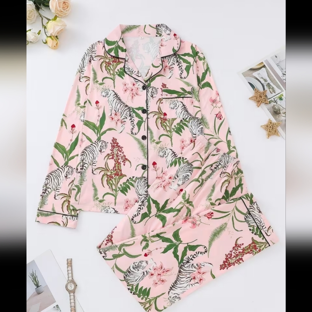 Source Unknown Pink Jungle Print Pajama Set